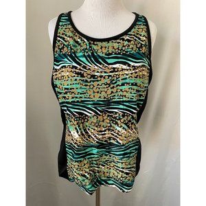 Tropical Escape Colorful Zebra Stripe Gold Polka Dot Open Back Tankini Top